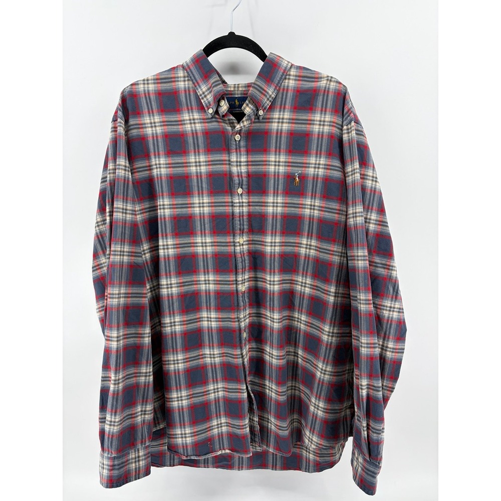 Polo Ralph Lauren Mens XXL, Classic Fit Plaid Button Down Shirt, Navy/Red